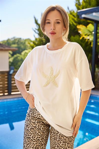 Taş Aksesuarlı Oversize Kadın Tshirt Beyaz