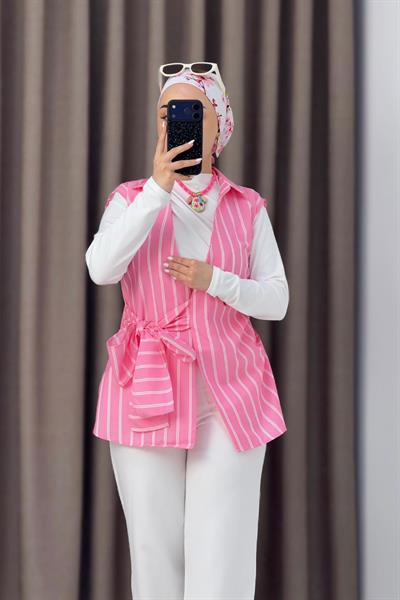 Kadın Gömlek Yaka Belden Bağlamalı Kolsuz Bluz Pembe