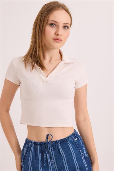 Polo Yaka Basıc Kısa Kollu Örme Kaşkorse Crop Bluz Ekru