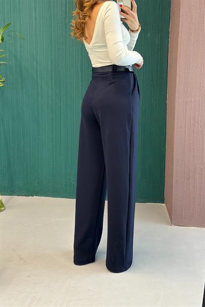 Likralı Krep Örme Kumaş Kemerli Salaş Pantolon Lacivert