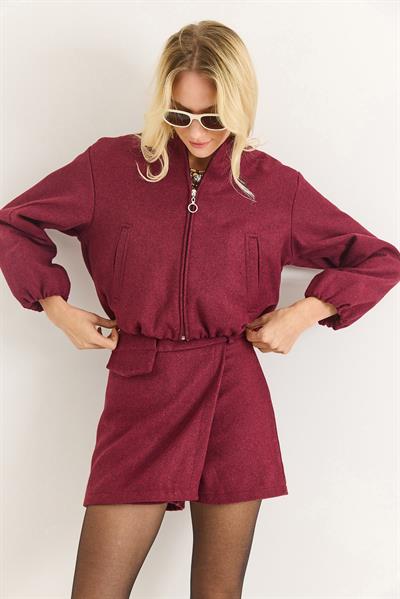 Kadın Bomber Cepli Fermuarlı Ceket Bordo