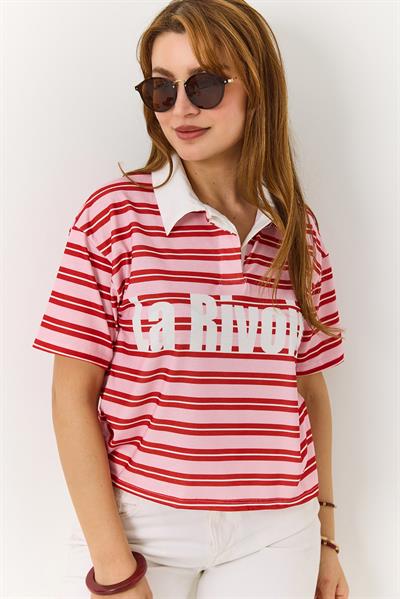Polo Yaka Çizgili Baskılı Kısa Kollu Tshirt 