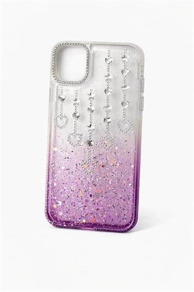 İphone 14 Pro Max Uyumlu Şeffaf ve Mor Geçişli Kalp-Yıldız Taşlı Kılıf