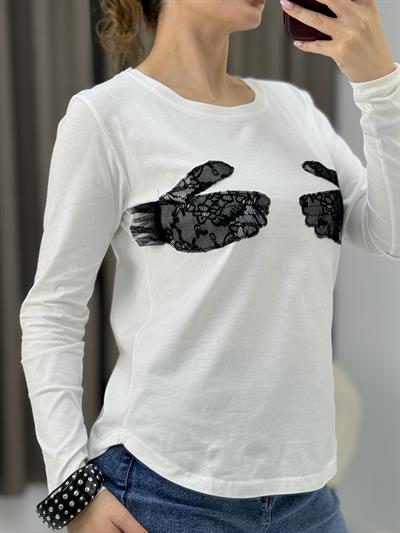Kadın Beyaz Rahat Esnek Güpürlü Uzun Kollu Tşhirt