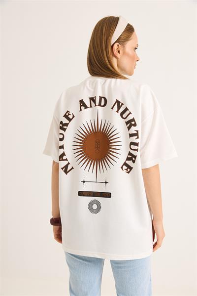 Bisiklet Yaka Kısa Kol Baskılı Tshirt Beyaz