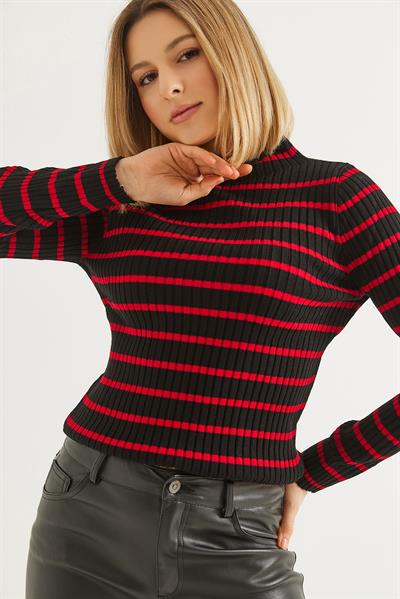 Yarım Balıkçı Yaka  Mevsimlik Triko Kazak Siyah Kırmızı