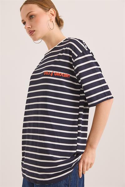 Karikatür Up Baskılı Çizgili Salaş Tshirt Lacivert