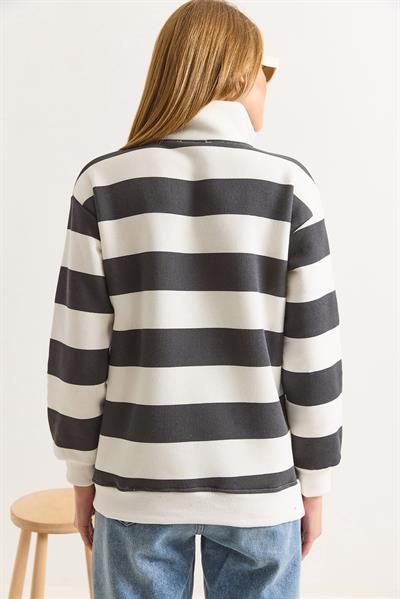 Kadın Antrasit Balıkçı Yaka Çizgili Üç İplik İçi Şardonlu Kışlık Sweatshırt