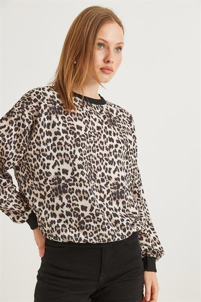  Leopar Desenli Oversize İki İplik Sweat Leopar