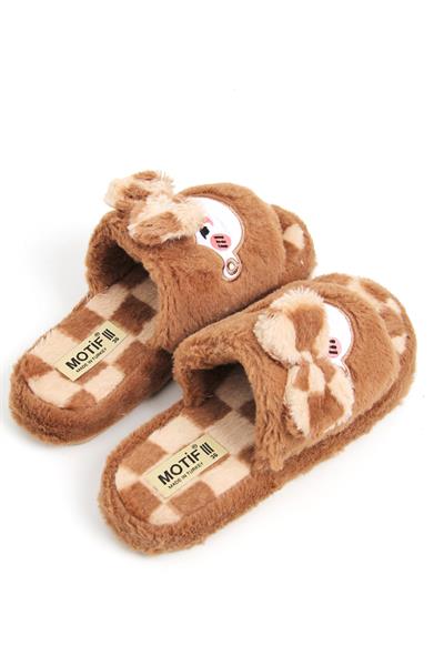 Kadın Önü Açık Peluş Kahverengi Ev Terliği 