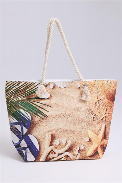 Renkli Desenli Kadın Plaj Çantası Vizon