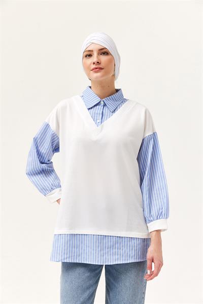 Gömlek Garnili Manşetli Mavi