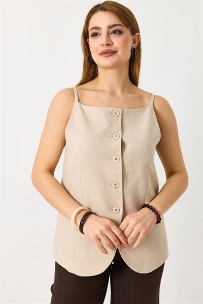 Kadın İp Askılı Düğmeli Kolsun Yelek Bej