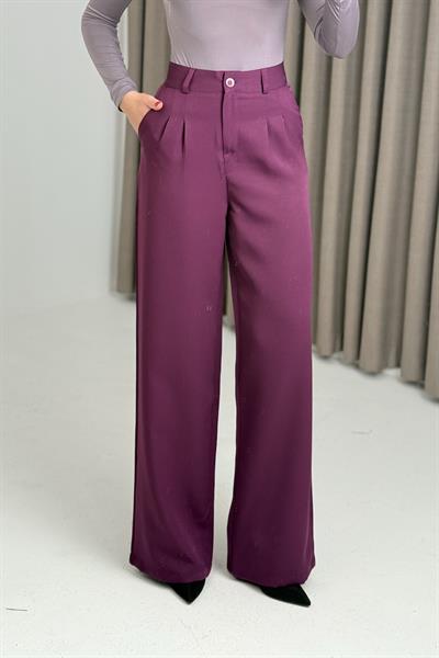 Yüksek Bel Bol Paça Kumaş Pantalon Mor