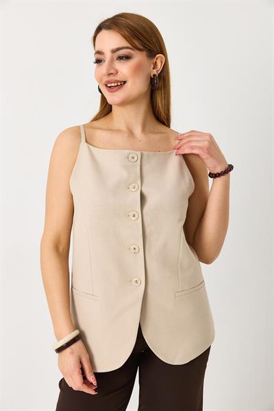 Kadın İp Askılı Düğmeli Kolsun Yelek Bej