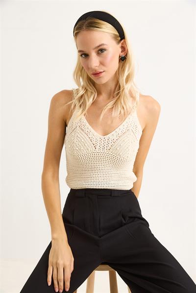 Örgülü Triko Askılı Crop Bluz
