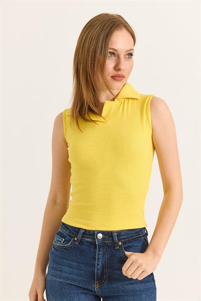 Gömlek Yaka  Sıfır Kol Kaşkorse Bluz Sarı