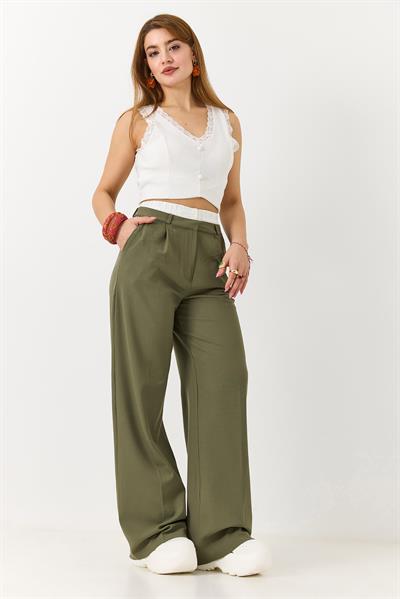 Kadın Beli Lastik Garnili Bol Kesim Pantolon Haki
