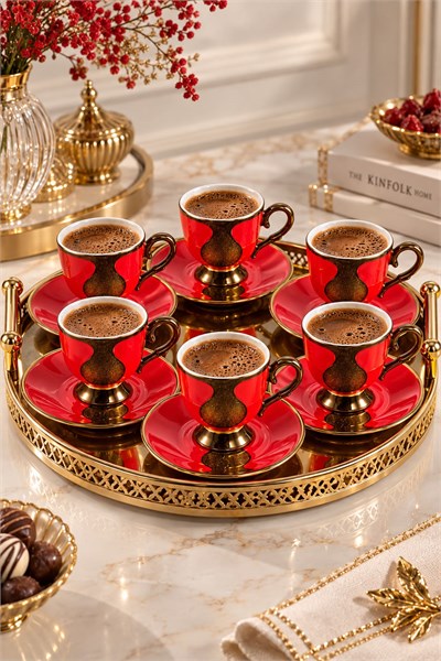 6lı Gold Damla Desenli Fincan Takımı Kırmızı