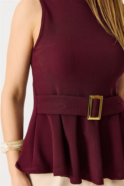 Kadın Toka Detaylı Kaşkorse Bisiklet Yaka Bluz Bordo