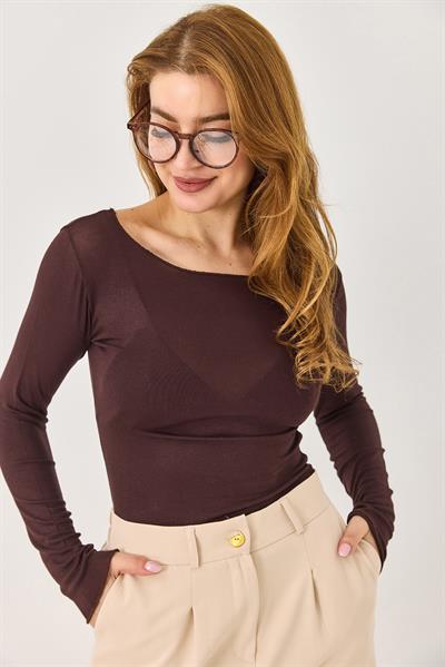 Kayık Yaka Kaşmir Uzun Kollu Bluz Kahverengi