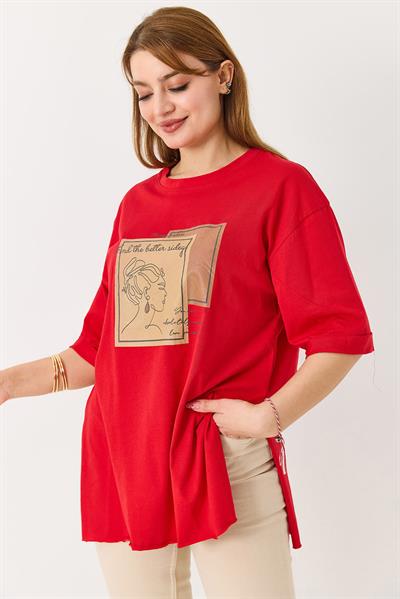 Kadın Figürlü Baskılı Bisiklet Yaka Tshirt Kırmızı