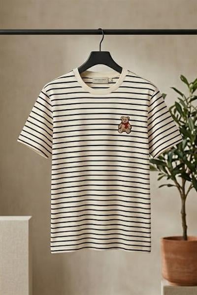 Kadın Çizgili Bisiklet Yaka Kısa Kol Tshirt Bej