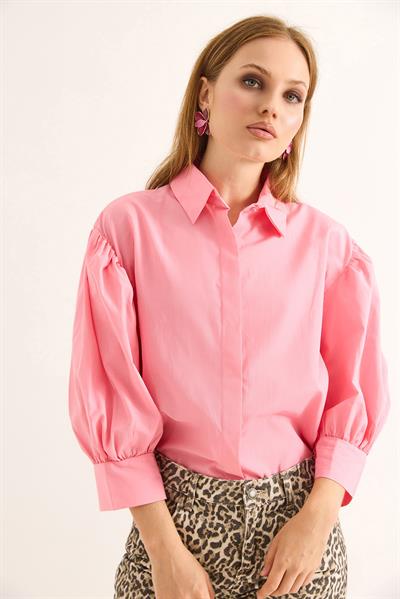 Balon Kol Bol Kesin Kadın Gömlek Pembe