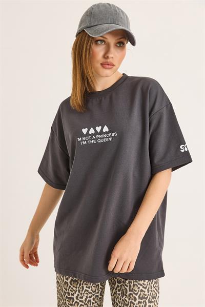 Bisiklet Yaka Baskılı Oversize Tshirt Füme