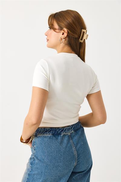 Kadın Kısa Kollu Yıldız Taşlı Crop Bluz Beyaz