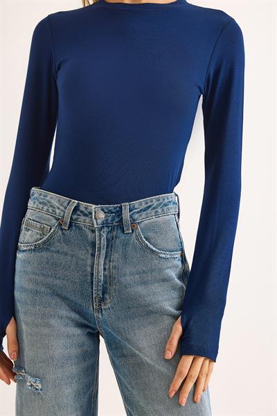 Kadın Parmak Geçirmeli Uzun Kollu Düz BLuz Lacivert