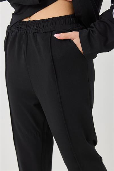 Kadın Bisiklet Yaka Nakışlı Oversize Eşofman Takım Siyah
