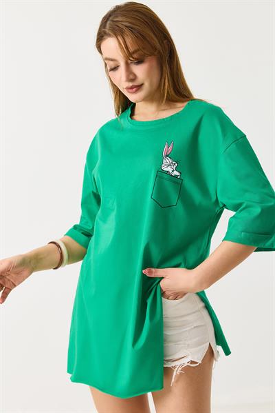 Kadın Yanları Yırtmaçlı  Oversize  Basic Tshirt Yeşil
