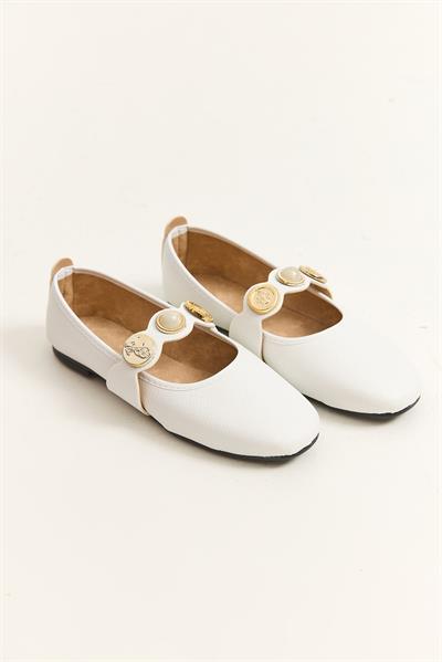 Tek Bant Aksesuarlı Kadın Babet Beyaz