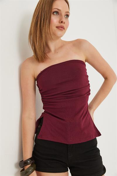 Yanları Büzgülü Yırtmaçlı Esnek Straplez Bluz Bordo