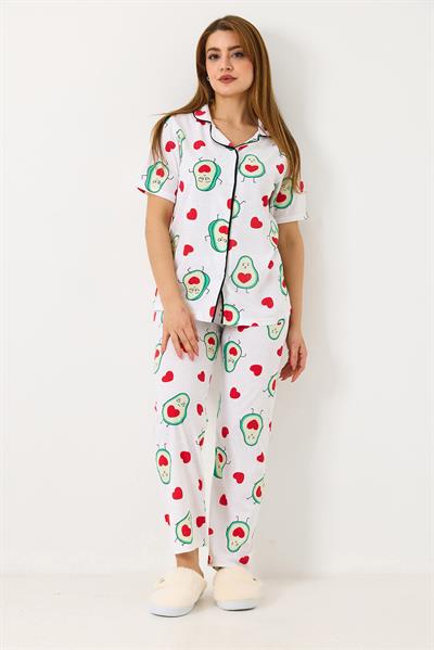 Kadın Kısa Kollu Avokado Baskılı  Düğmeli Pijama Takımı  Beya