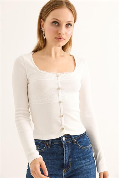 Kare Yaka  Uzun Kollu Fitilli Bluz Beyaz
