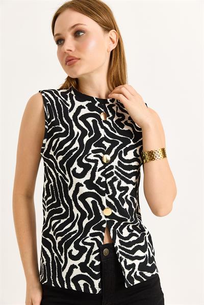 Bisiklet Yaka Gold Düğmeli Ottoman Fitilli Bluz Zebra Siyah Beyaz