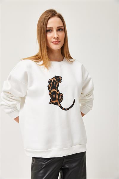 Leopar Baskılı Üç İplik Şardonlu Sweatshirt Beyaz