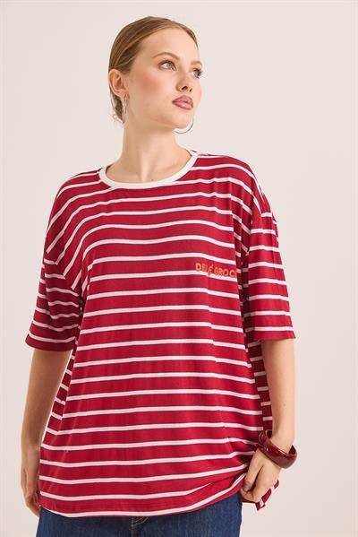 Karikatür Up Baskılı Çizgili Salaş Tshirt Kırmızı
