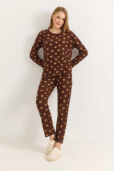 Kadın Kahverengi Biskilet Yaka Baskılı Pijama Takımı