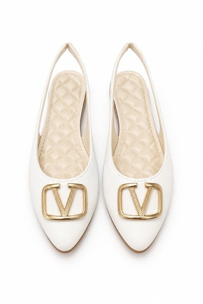 Kadın Gold Tokalı Slingback Model YumuşakTaban Babet Beyaz