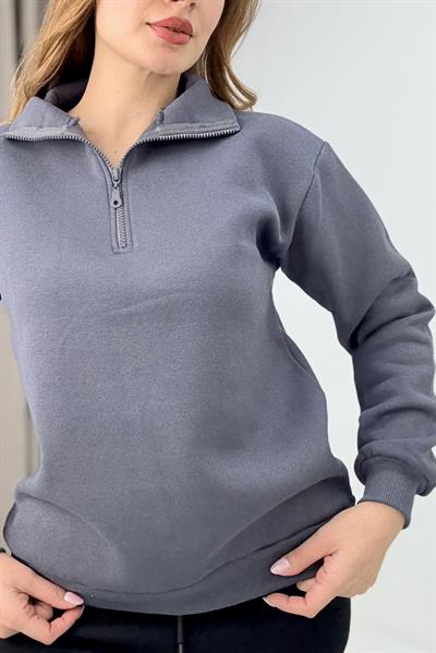 Kadın Antrasit Yarım Fermuarlı Üç İplik Sweat 