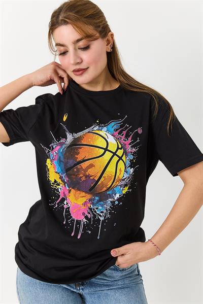 Kadın Basketbol Grafik Baskılı Günlük Tshirt  Siyah