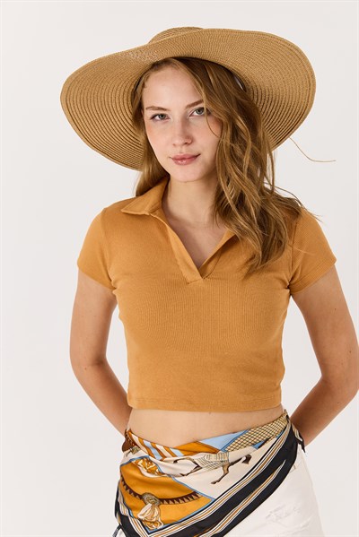 Polo Yaka Basıc Kısa Kollu Örme Kaşkorse Crop Bluz Camel