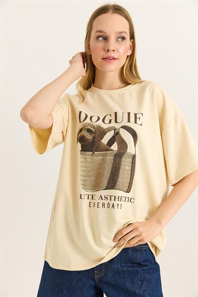 Baskılı Bisiklet Yaka Basic Tshirt Bej