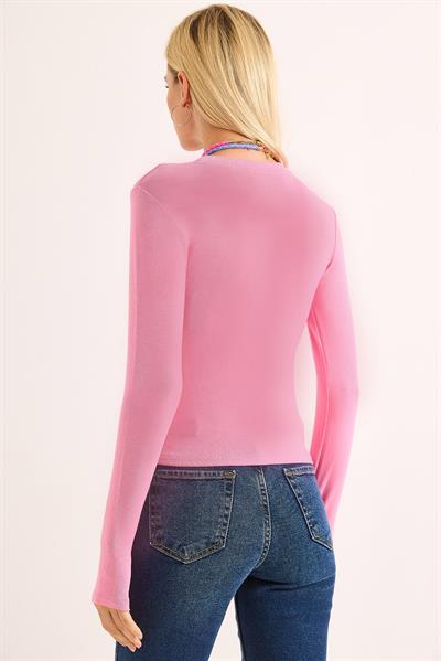 Kadın Parmak Geçirmeli Uzun Kollu Düz BLuz Pembe
