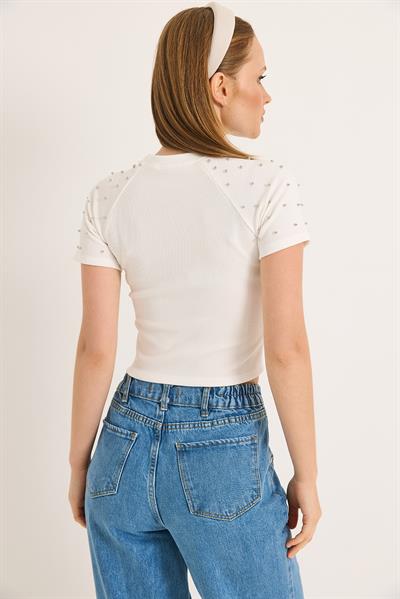 Regular Taş Detaylı Ottoman Crop Bluz Beyaz