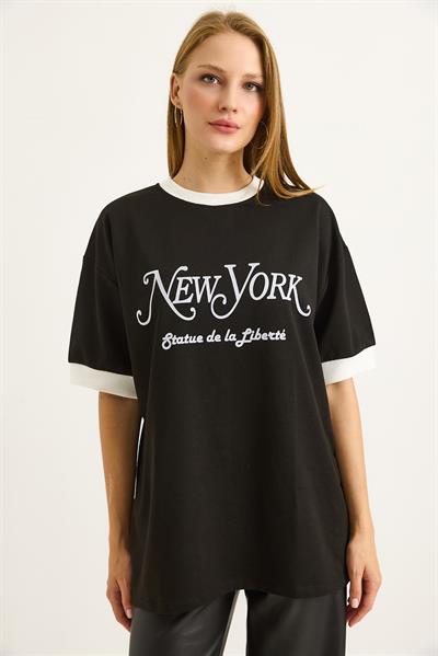 Baskılı Oversize Bisiklet Yaka Tshirt Siyah