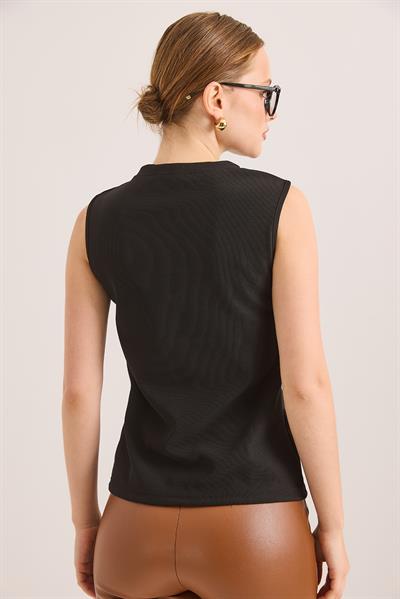 Bisiklet Yaka Gold Düğmeli Ottoman Fitilli Bluz Siyah